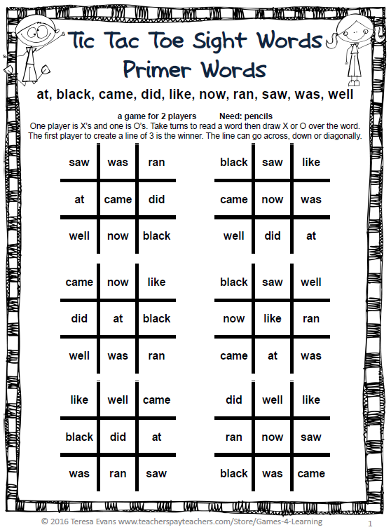 Tic Tac Toe Sight Words Primer Words - SchoolhouseTeachers.com