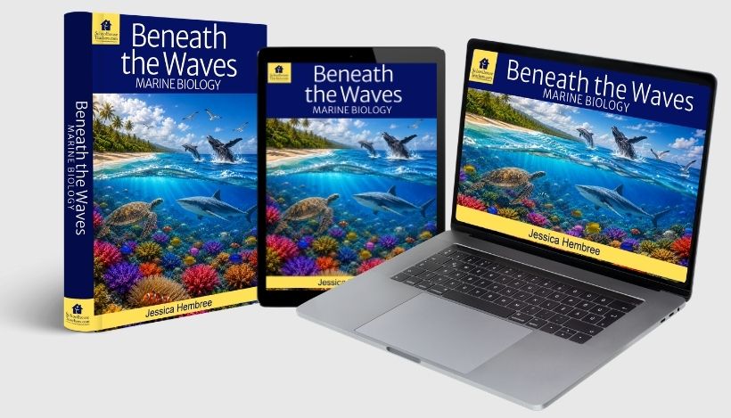 Colorful coral reef with diverse marine life on the cover of Beneath the Waves: Marine Biology.