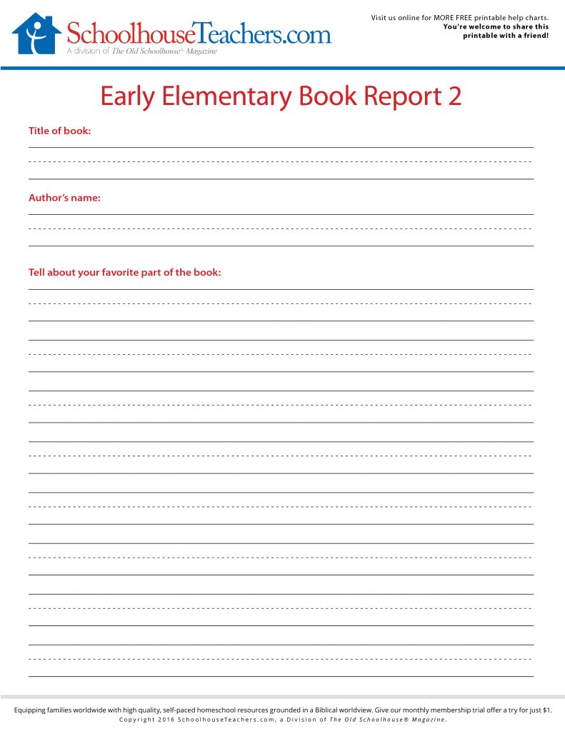 Enjoy our free primary school book report print outs and help keep your child on track using writing prompts for the title, author and kids book review.