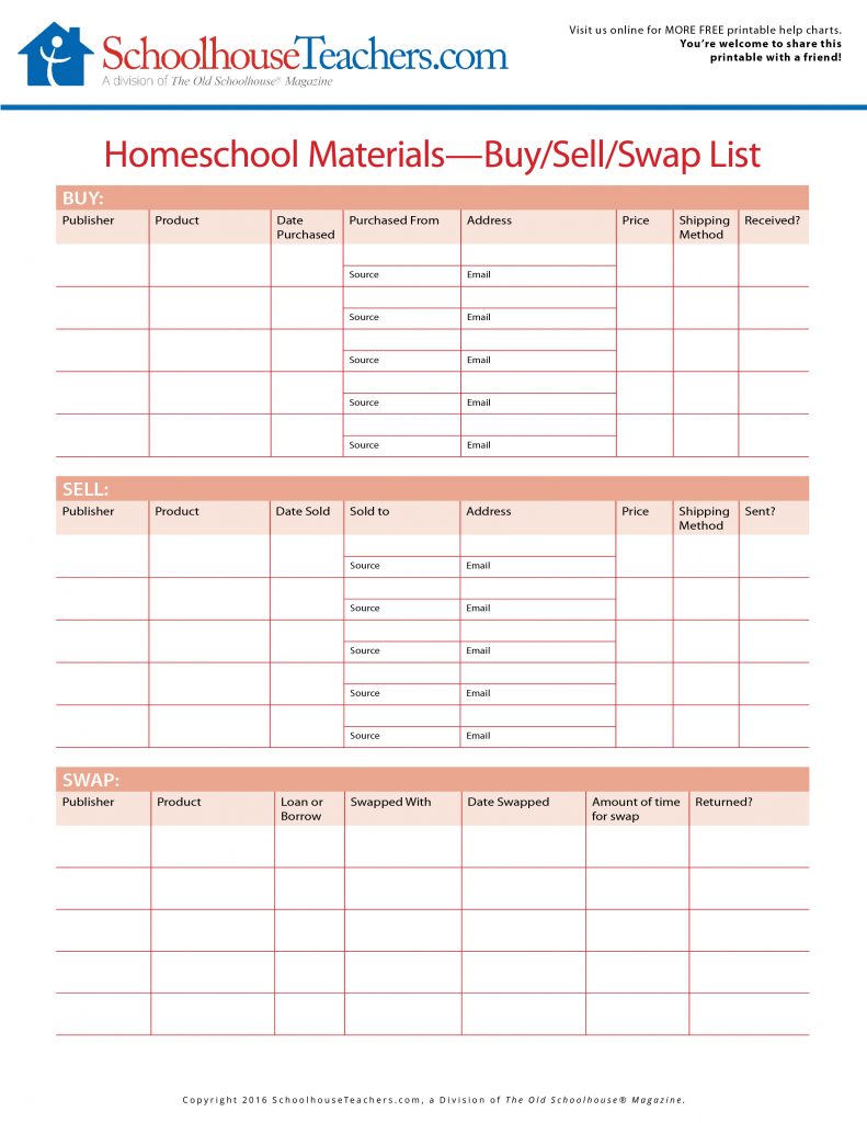 Today's free printouts include a School Buy Materials Buy/Sell/Swap list and a Top Pick List of Homeschool Items to buy.