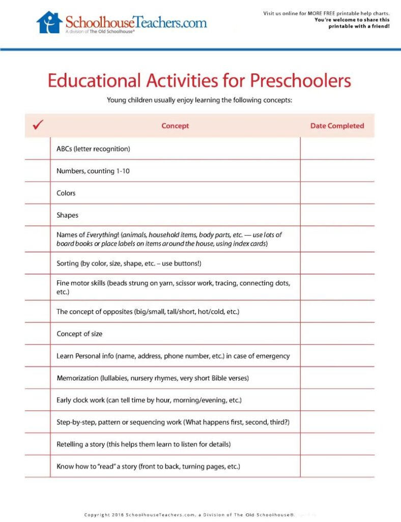 Help Chart - Educational Activities for Preschoolers 3-10-26