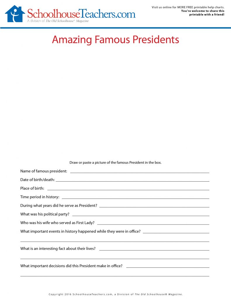 Enjoy using our free printable history book reports for American Presidents and their wives. These print-outs are great for helping your student learn and report on quick facts about each president and/or the First lady.  Questions include: Place of birth, important events in history, years in office and other important facts.