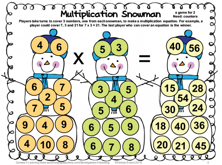 Multiplication Snowman - SchoolhouseTeachers.com