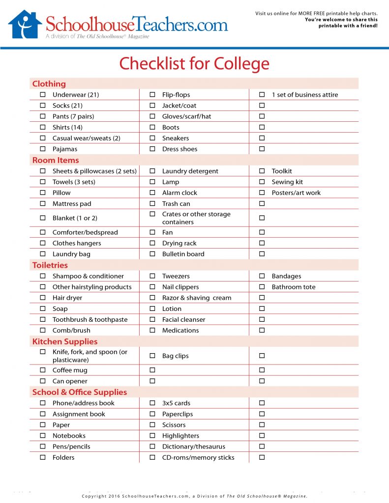 college list worksheet