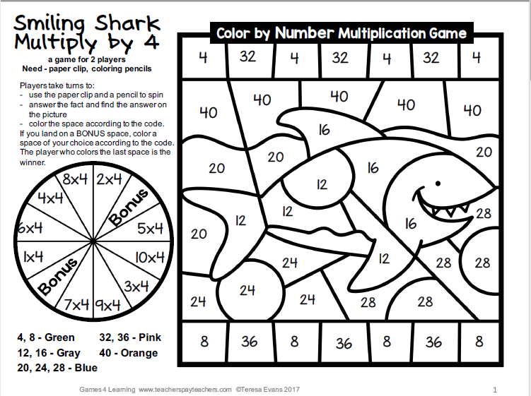 Smiling Shark Multiply by 4 Color by Number Game - SchoolhouseTeachers.com