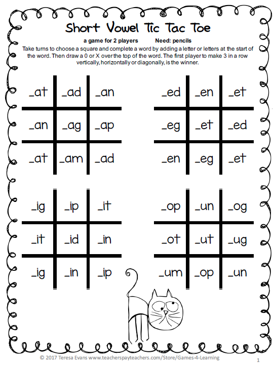 Short Vowel Tic Tac Toe - SchoolhouseTeachers.com