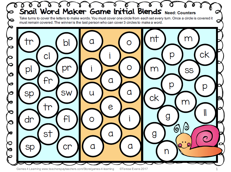 Snail Word Maker Game Initial Blends